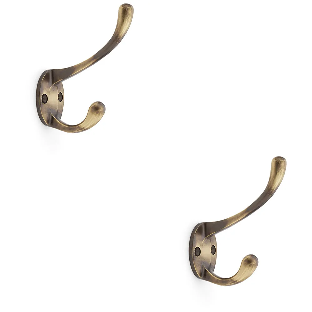 2 PACK - SOLID BRASS Victorian Hat & Coat Hook - Wall Mounted Holder - Antique Brass