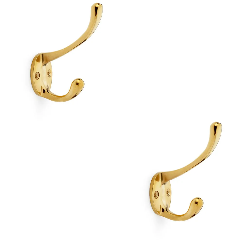 2 PACK - SOLID BRASS Victorian Hat & Coat Hook - Wall Mounted Holder - Polished Brass