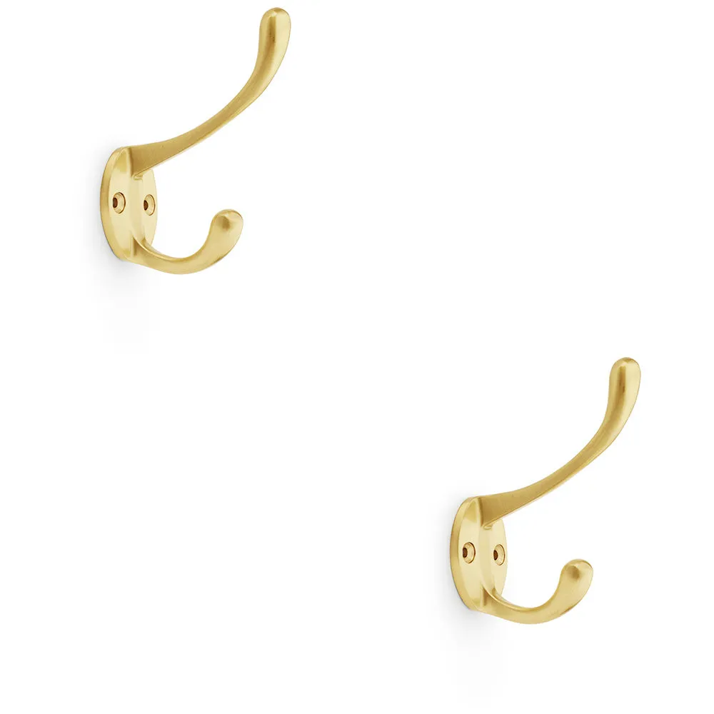 2 PACK - SOLID BRASS Victorian Hat & Coat Hook - Wall Mounted Holder - Satin Brass