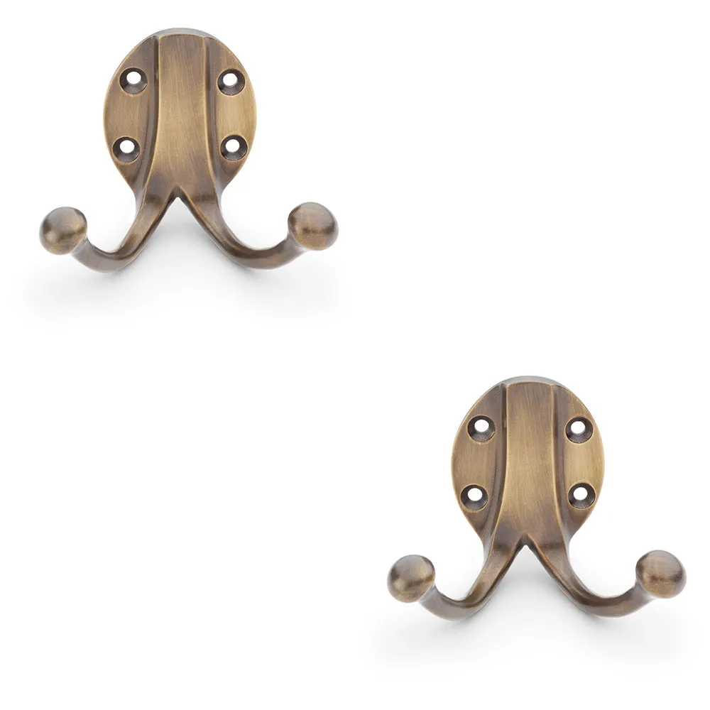 2 PACK - SOLID BRASS Traditional Double Robe Hook - Wall Mounted Holder - Antique Bronze