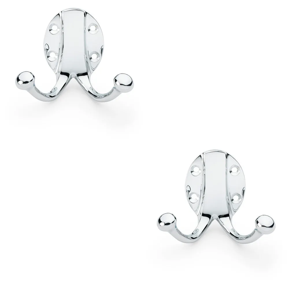 2 PACK - SOLID BRASS Traditional Double Robe Hook - Wall Mounted Holder - Polished Chrome
