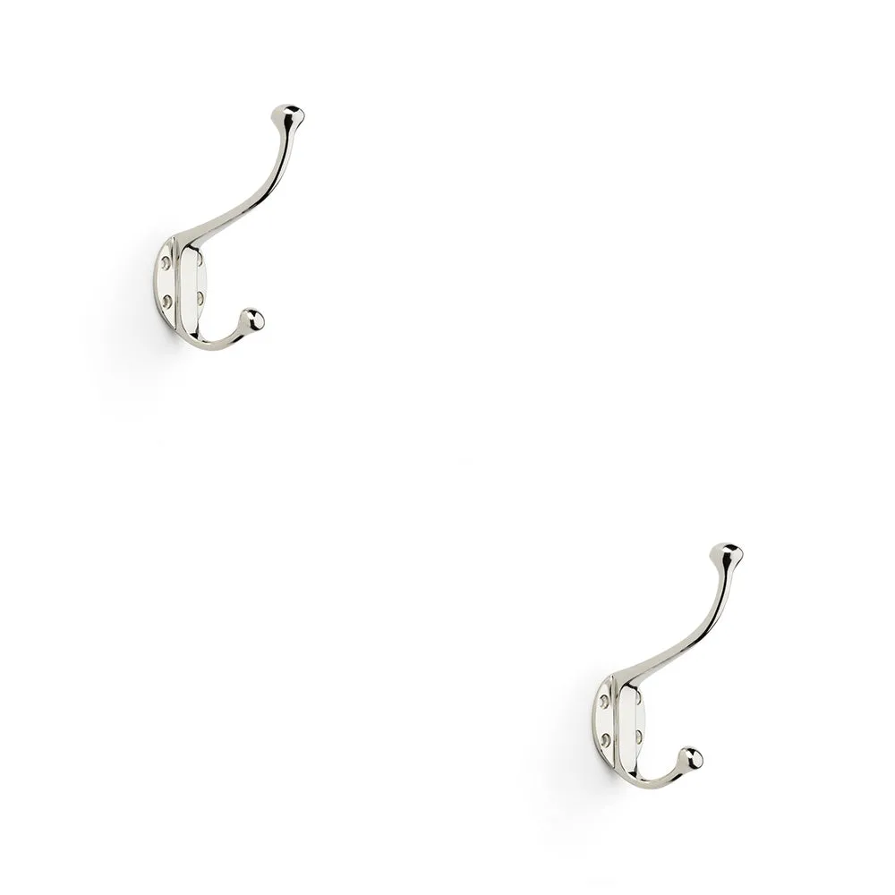 2 PACK - SOLID BRASS Traditional Hat & Coat Hook - Wall Mounted Holder - Polished Nickel