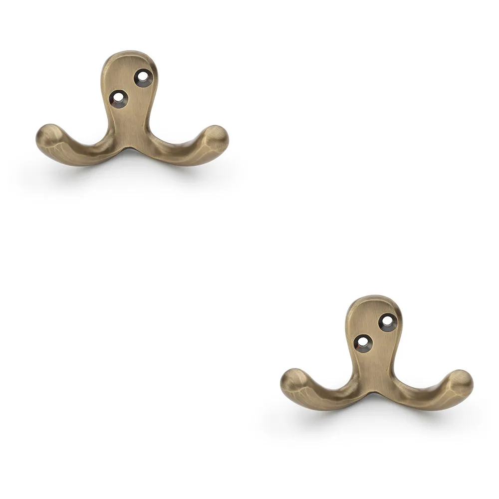 2 PACK - SOLID BRASS Victorian Double Robe Coat Hook - Wall Mounted Holder Antique Brass