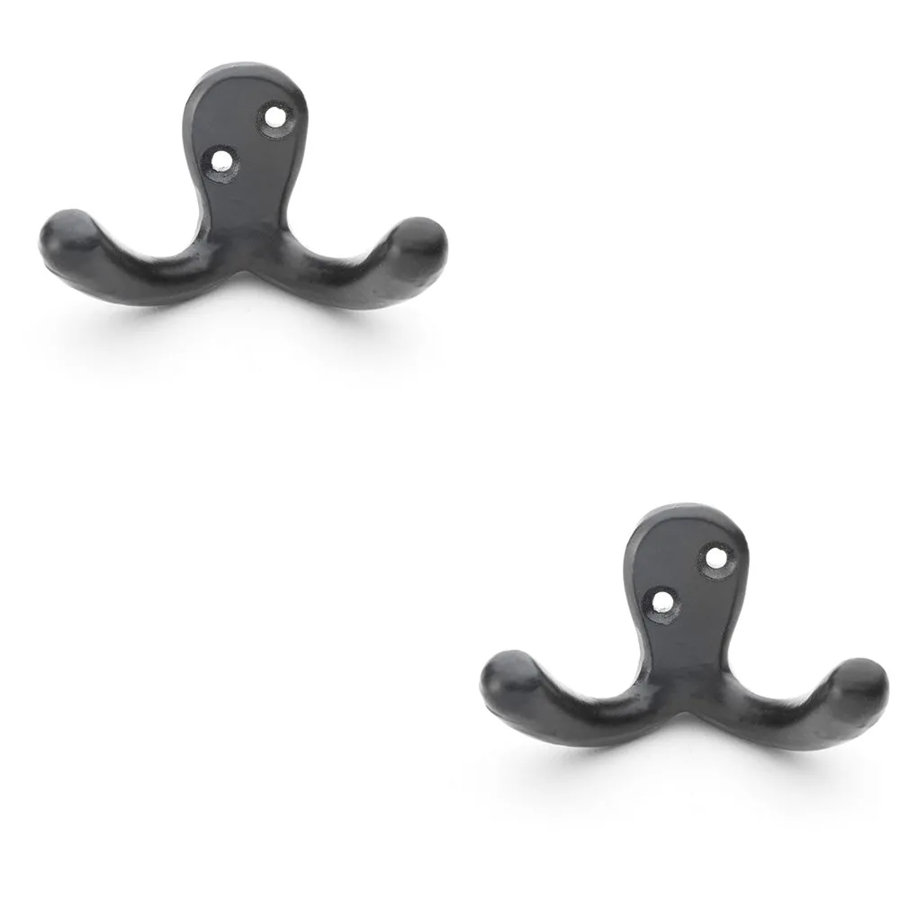 2 PACK - SOLID BRASS Victorian Double Robe Coat Hook - Wall Mounted Holder Matt Black