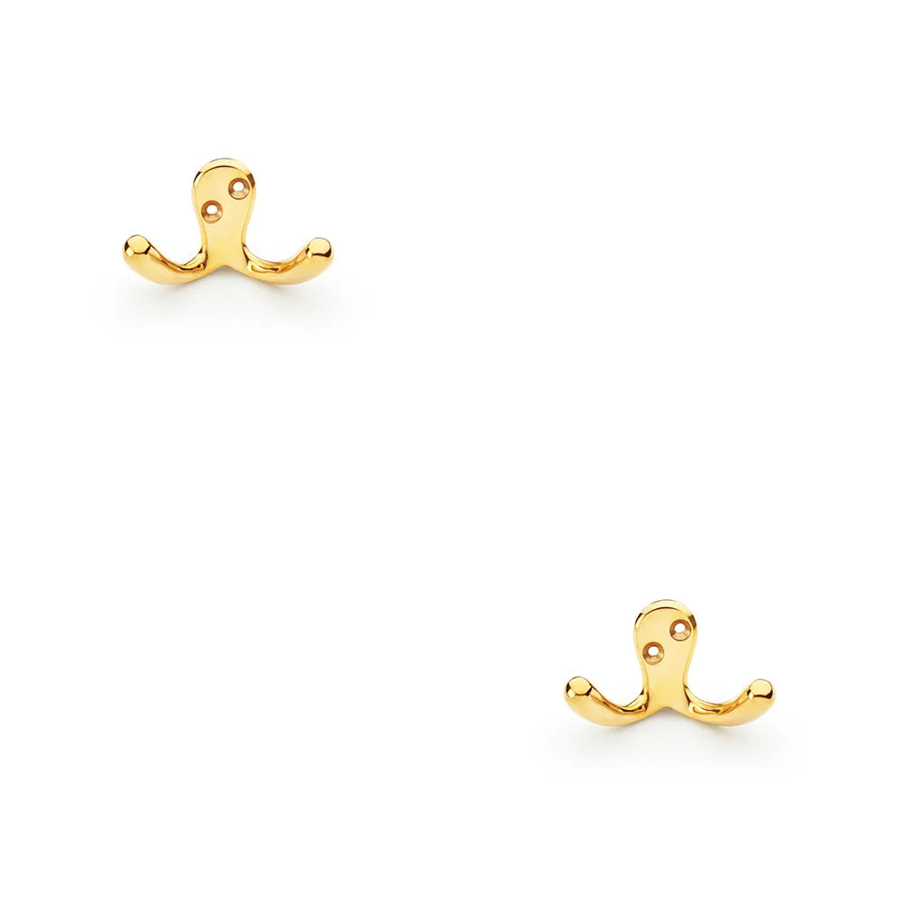 2 PACK - SOLID BRASS Victorian Double Robe Coat Hook - Wall Mounted Holder Polished Brass