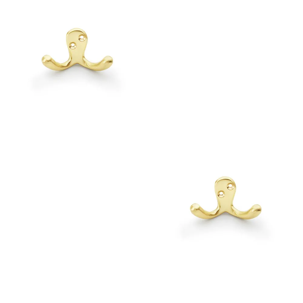 2 PACK - SOLID BRASS Victorian Double Robe Coat Hook - Wall Mounted Holder Satin Brass