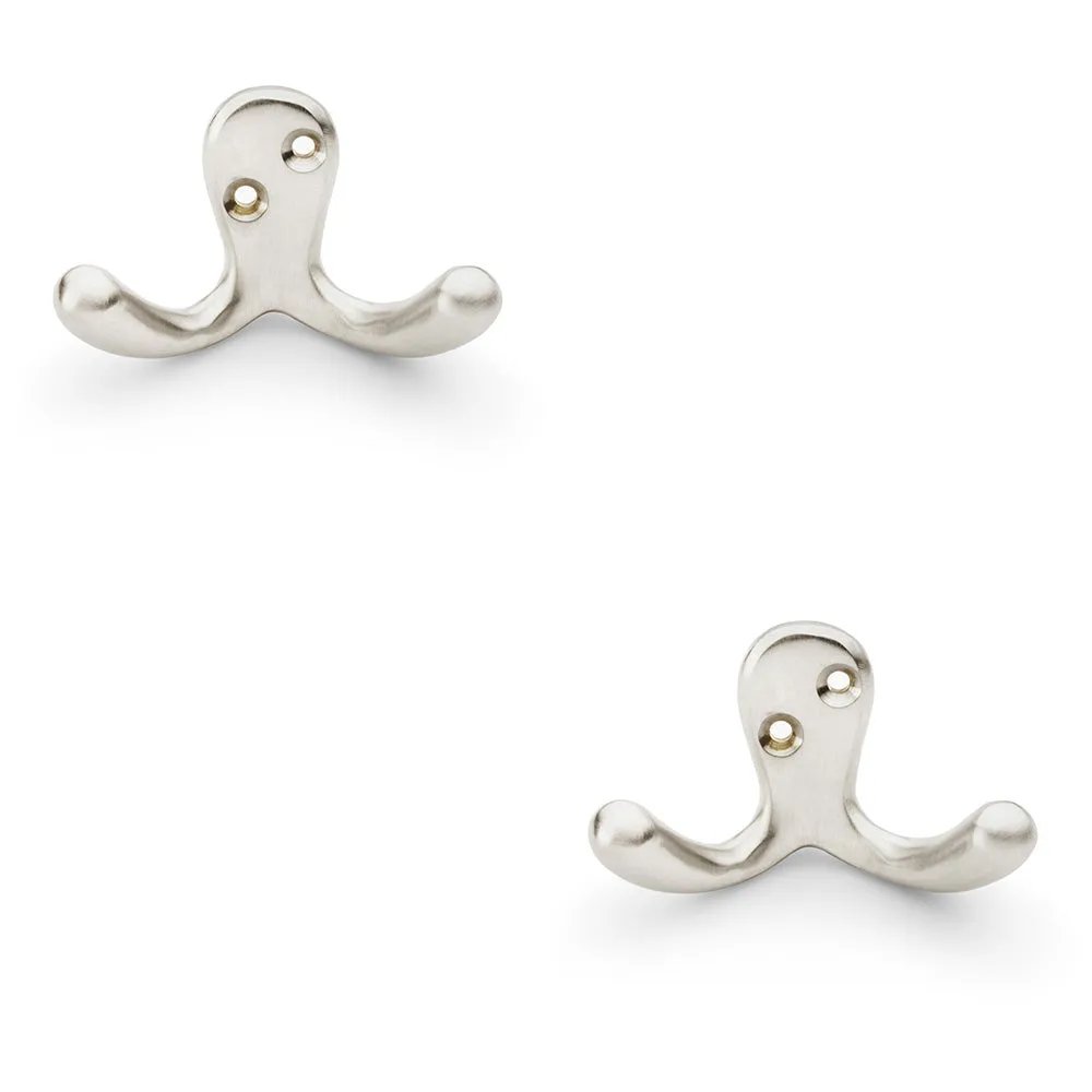 2 PACK - SOLID BRASS Victorian Double Robe Coat Hook - Wall Mounted Holder Satin Nickel