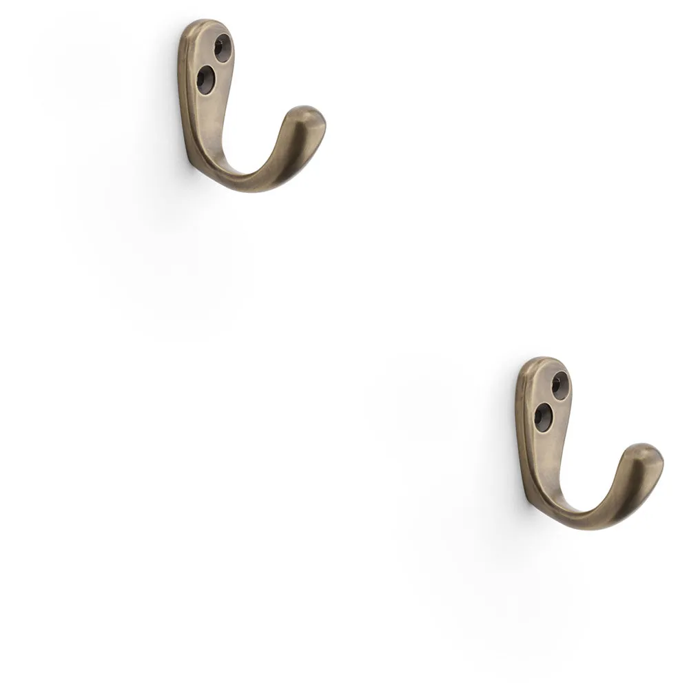 2 PACK - SOLID BRASS Victorian Single Robe Coat Hook - Wall Mounted Holder Antique Brass