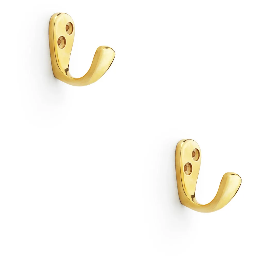 2 PACK - SOLID BRASS Victorian Single Robe Coat Hook - Wall Mounted Holder Polished Brass