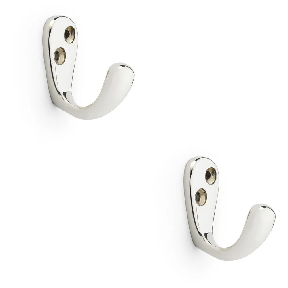 2 PACK - SOLID BRASS Victorian Single Robe Coat Hook Wall Mounted Holder Polished Nickel