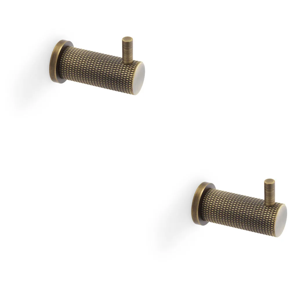 2 PACK - SOLID BRASS Knurled Single Robe Coat Hook - Wall Mounted Holder - Antique Brass