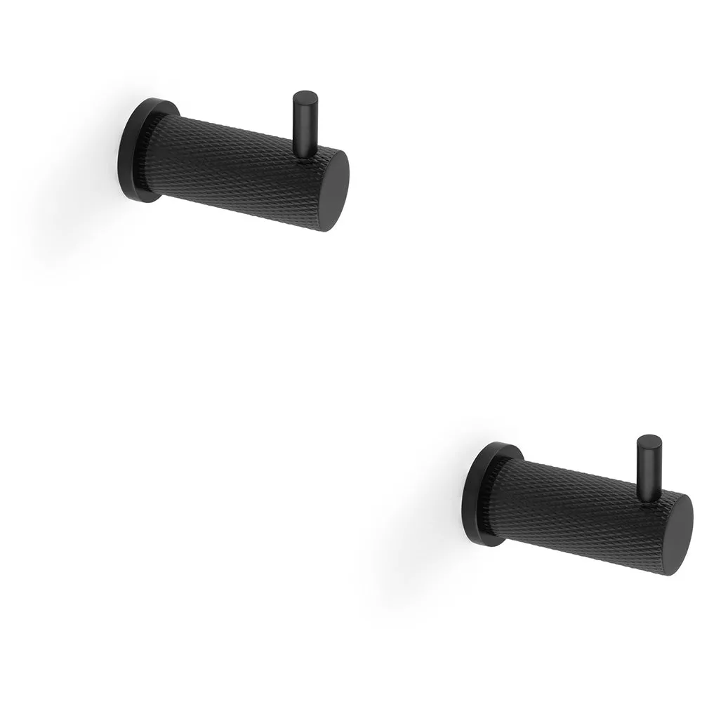 2 PACK - SOLID BRASS Knurled Single Robe Coat Hook - Wall Mounted Holder - Matt Black