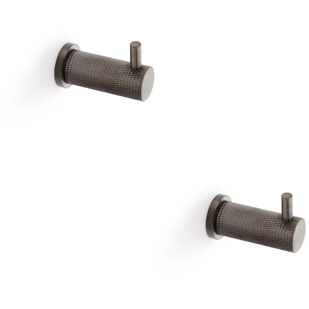 2 PACK - SOLID BRASS Knurled Single Robe Coat Hook - Wall Mounted Holder - Dark Bronze