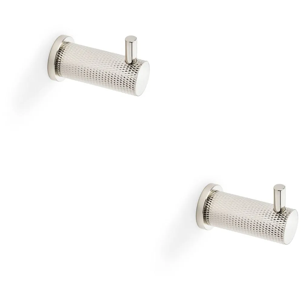 2 PACK - SOLID BRASS Knurled Single Robe Coat Hook - Wall Mounted Holder Polished Nickel