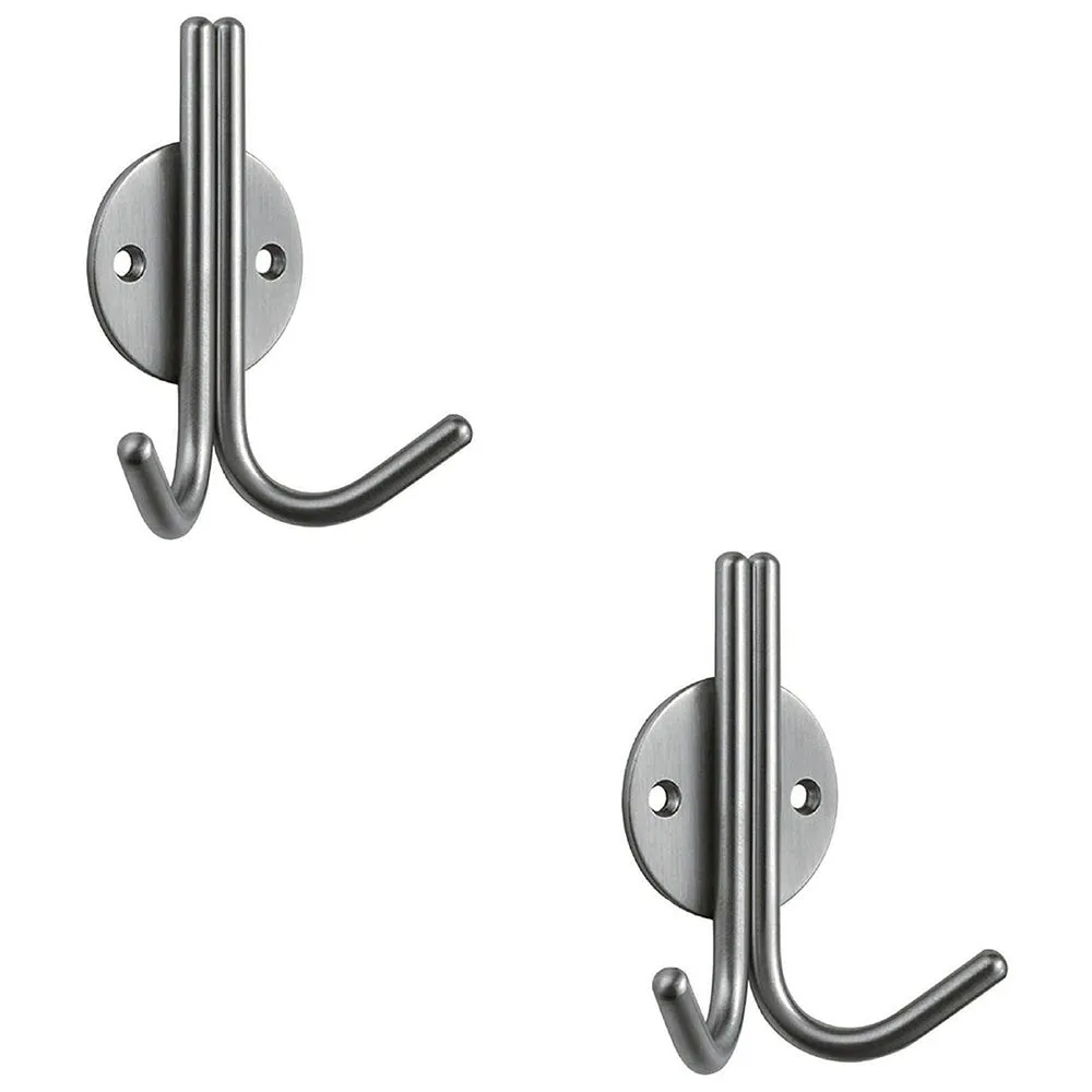 2 PACK - Slimline Double Coat Hook on Round Rose - 35mm Projection Bright Stainless Steel