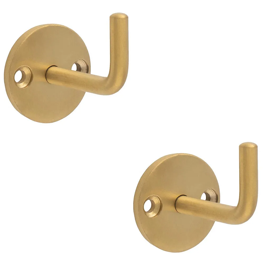 2 PACK - Slimline Single Coat Hook on Round Rose - 45mm Projection - Satin Brass PVD