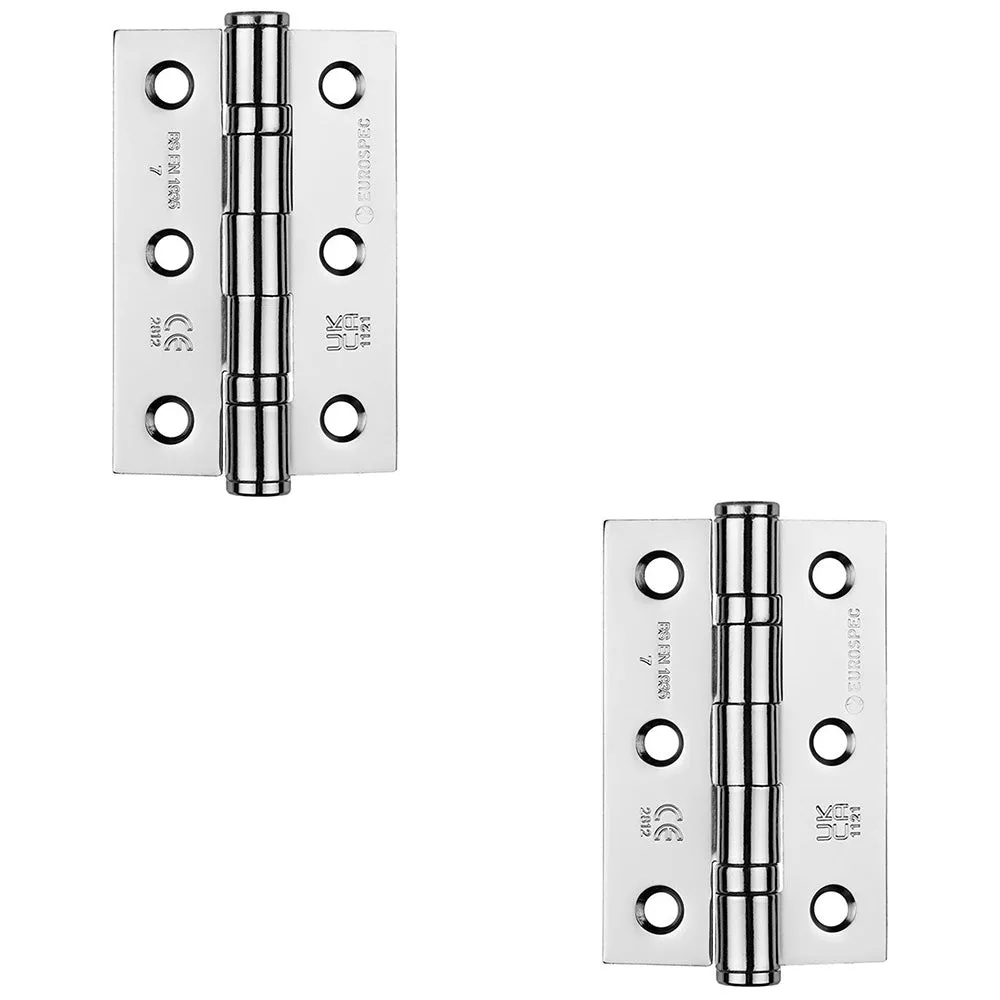 2 PACK - PAIR Grade 7 Ball Bearing Hinge - 76 x 51mm Polished Chrome Interior Door Fixing