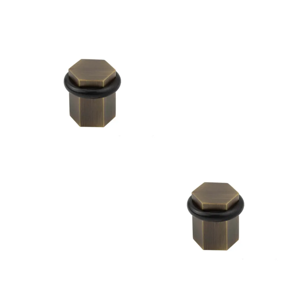 2 PACK Antique Brass Hexagonal Floor Door Stops for Stylish Interiors - Solid Brass & Rubber Stopper