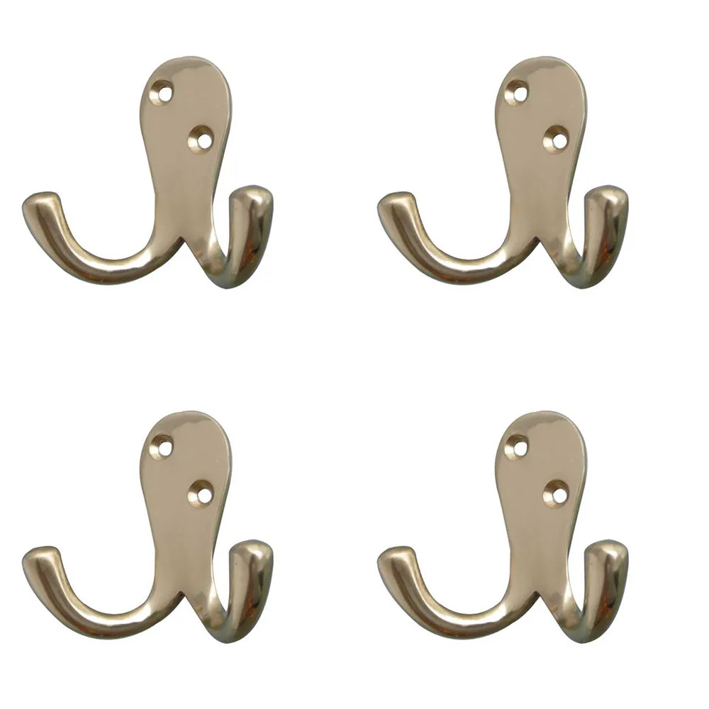 4 PACK Elegant Double Robe Hook in Polished Brass - 53mm - Wall Mounted Clothing Hook