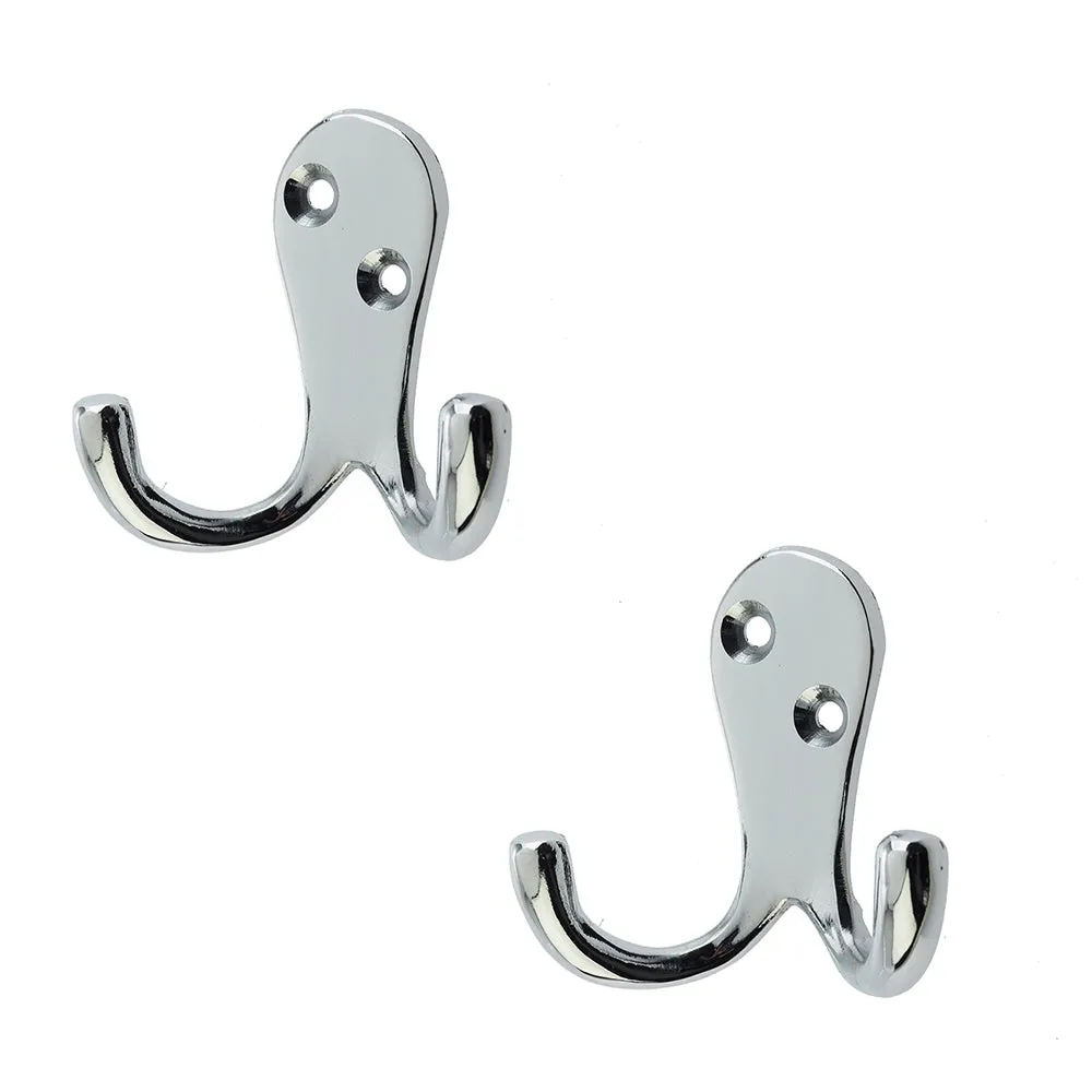 2 PACK Stylish Double Robe Hook in Polished Chrome - 53mm - Wall Mounted Clothing Hook