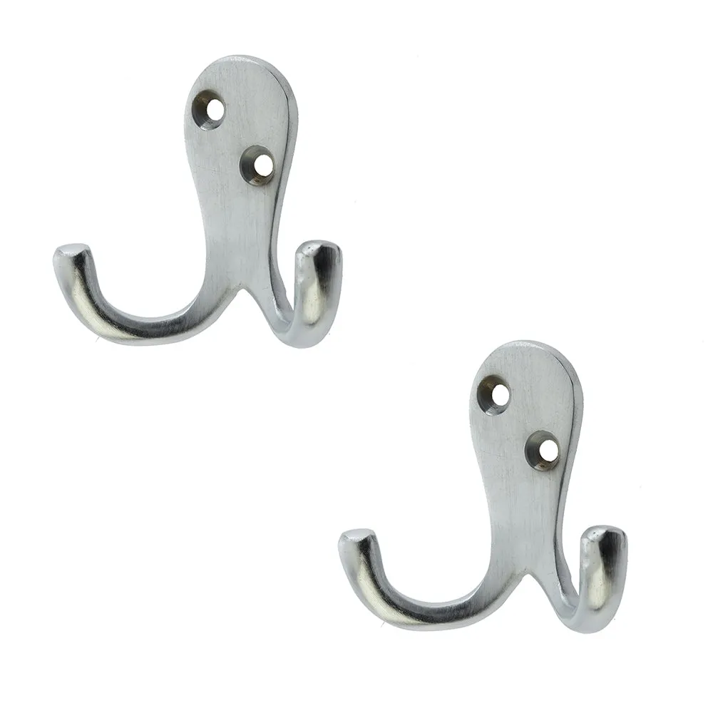 2 PACK Durable Satin Chrome Double Robe Hook - 53mm Premium Quality - Wall Mounted Clothing Hook