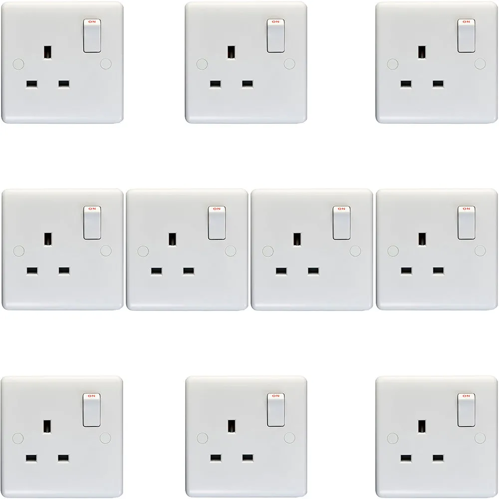 10 PACK 1 Gang Double Pole 13A Switched UK Plug Socket - WHITE Wall Power Outlet