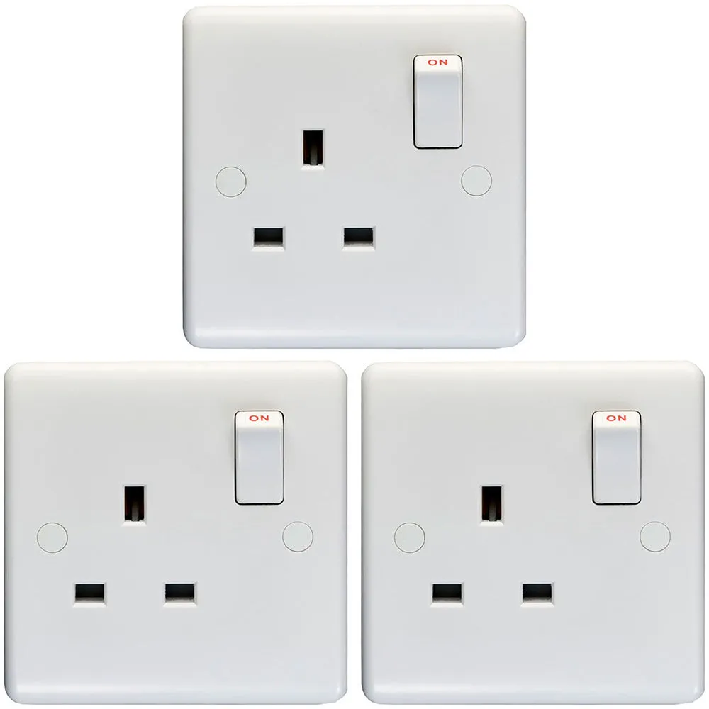 3 PACK 1 Gang Double Pole 13A Switched UK Plug Socket - WHITE Wall Power Outlet