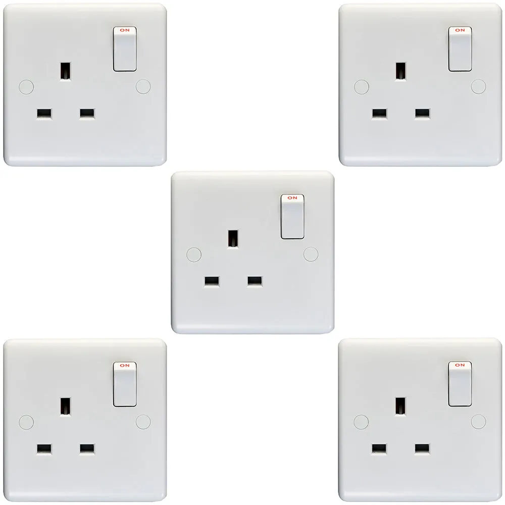 5 PACK 1 Gang Double Pole 13A Switched UK Plug Socket - WHITE Wall Power Outlet