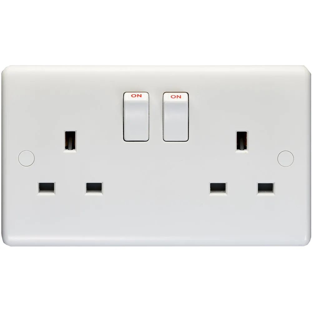 2 Gang Double Pole 13A Switched UK Plug Socket - WHITE PLASTIC Wall Power Outlet