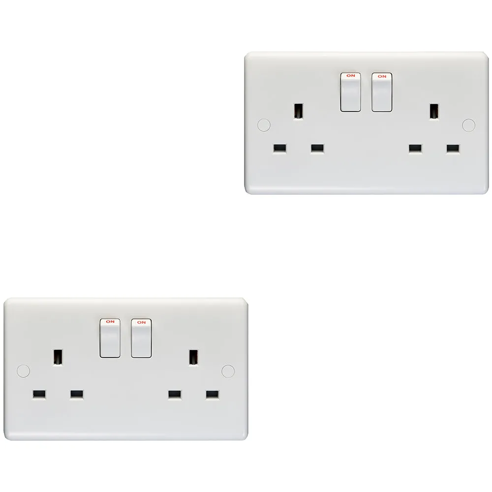 2 PACK 2 Gang Double Pole 13A Switched UK Plug Socket - WHITE Wall Power Outlet