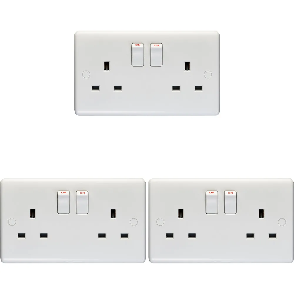 3 PACK 2 Gang Double Pole 13A Switched UK Plug Socket - WHITE Wall Power Outlet