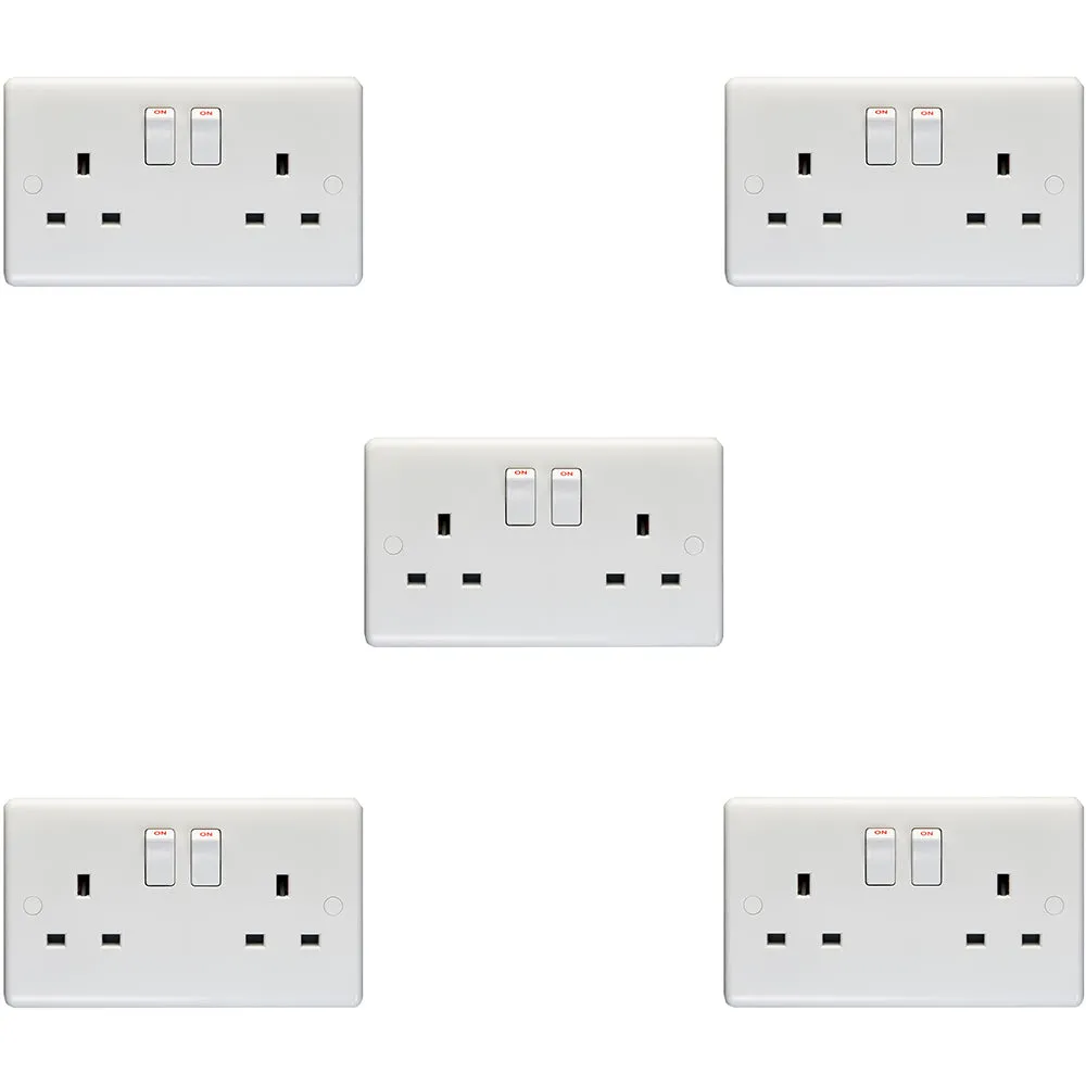 5 PACK 2 Gang Double Pole 13A Switched UK Plug Socket - WHITE Wall Power Outlet