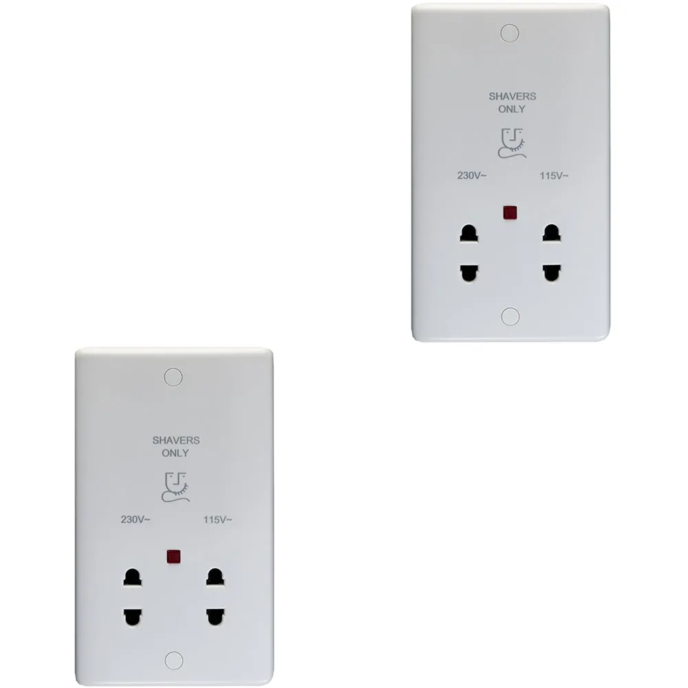 2 PACK 230V & 115V Twin Shaver Socket Wall Plate WHITE Bathroom 86mm x 146mm
