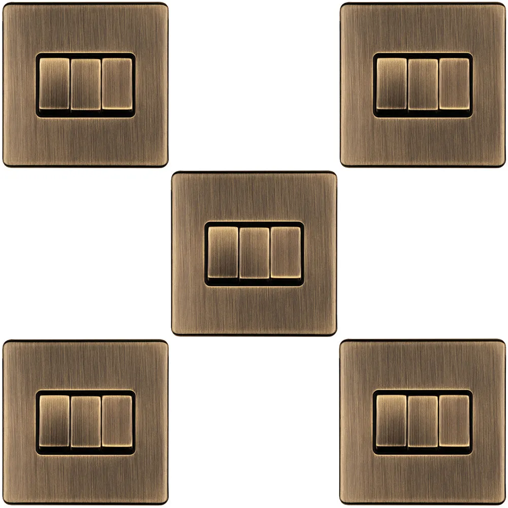 5 PACK 3 Gang Triple Light Switch SCREWLESS ANTIQUE BRASS 2 Way 10A Slim Rocker