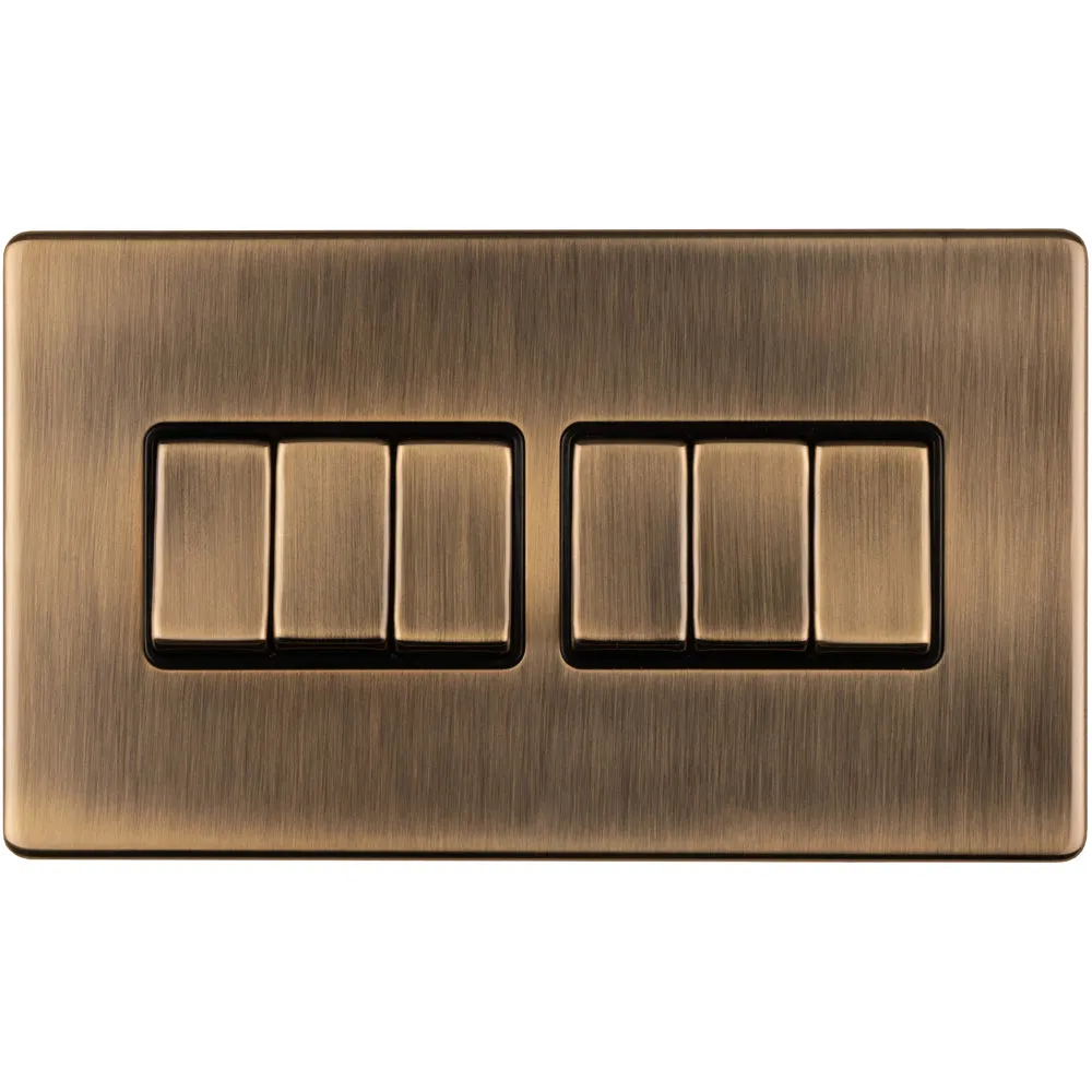 6 Gang Multi Light Switch SCREWLESS ANTIQUE BRASS 2 Way 10A Metal Rocker Slim