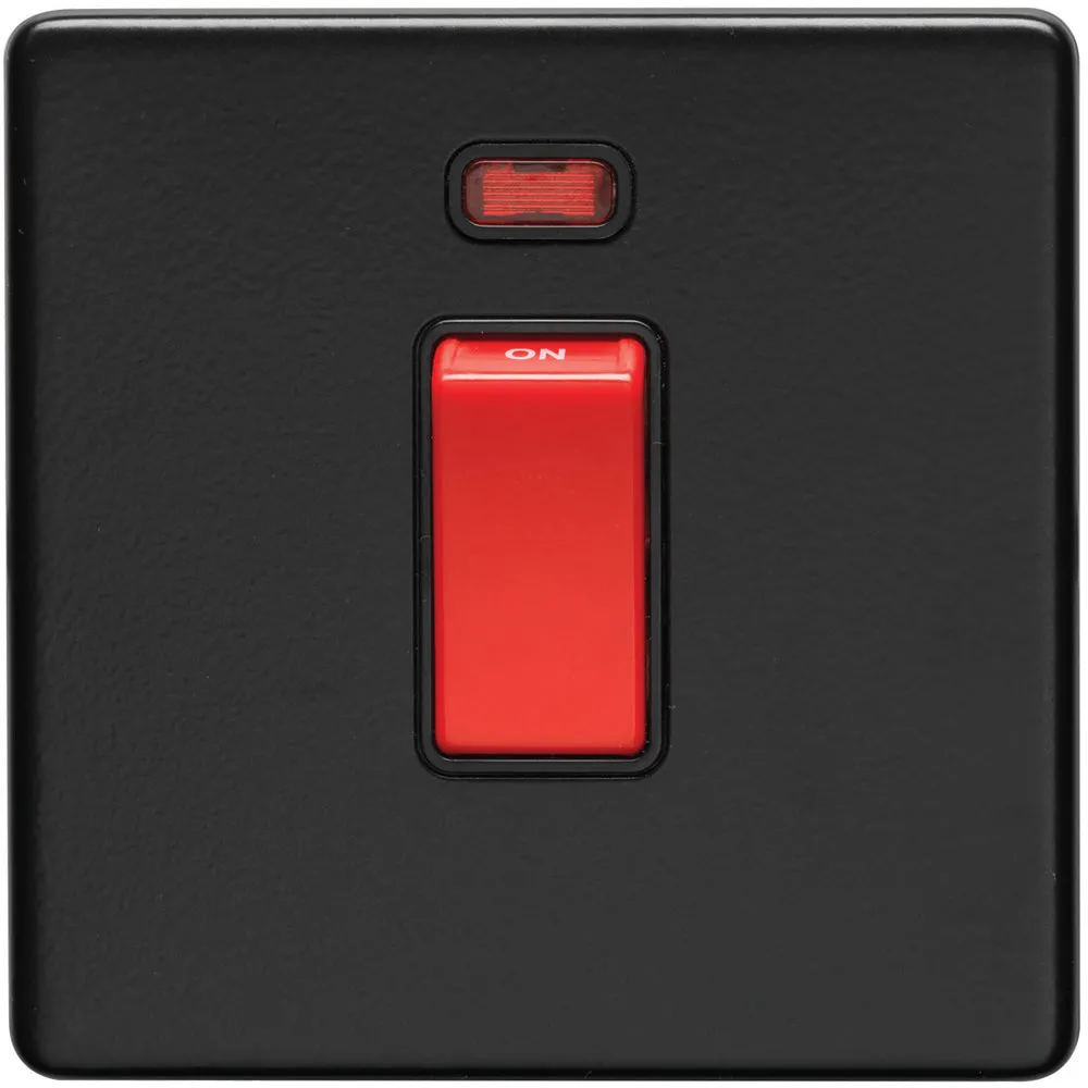 1 Gang Single 45A DP Cooker Switch & Neon SCREWLESS MATT BLACK Slim Rocker