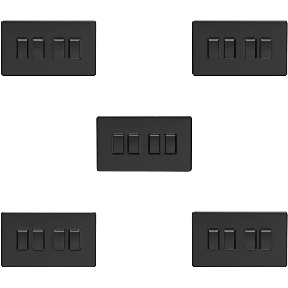 5 PACK 4 Gang Quad Light Switch SCREWLESS MATT BLACK 2 Way 10A Slim Rocker