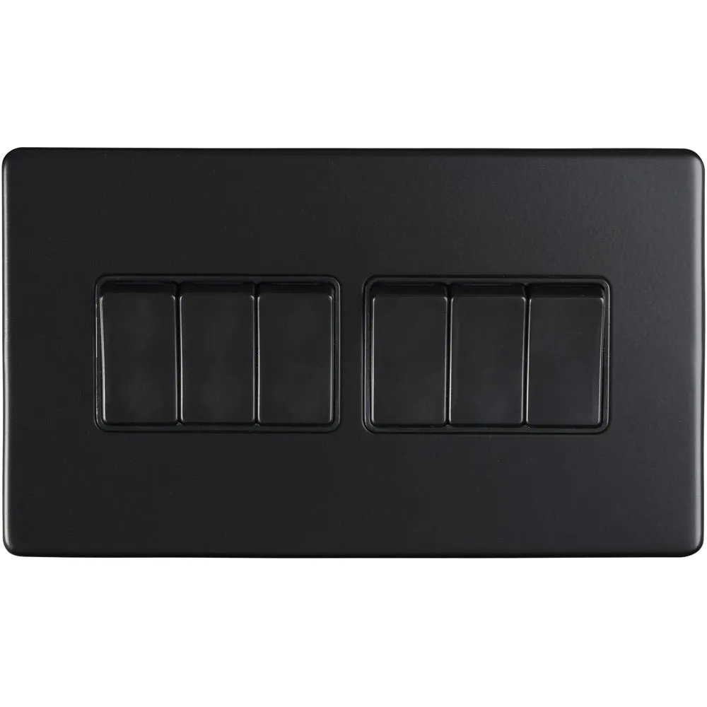 6 Gang Multi Light Switch SCREWLESS MATT BLACK 2 Way 10A Metal Rocker Slim