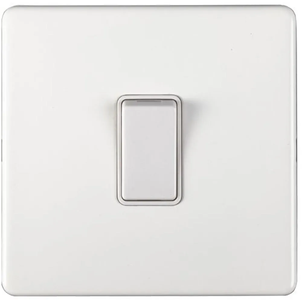 1 Gang Single 10A INTERMEDIATE Light Switch SCREWLESS MATT WHITE Metal Rocker