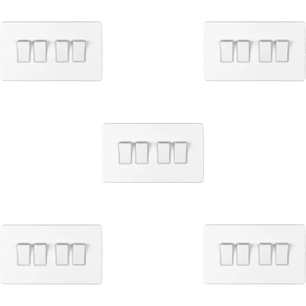 5 PACK 4 Gang Quad Light Switch SCREWLESS MATT WHITE 2 Way 10A Slim Rocker