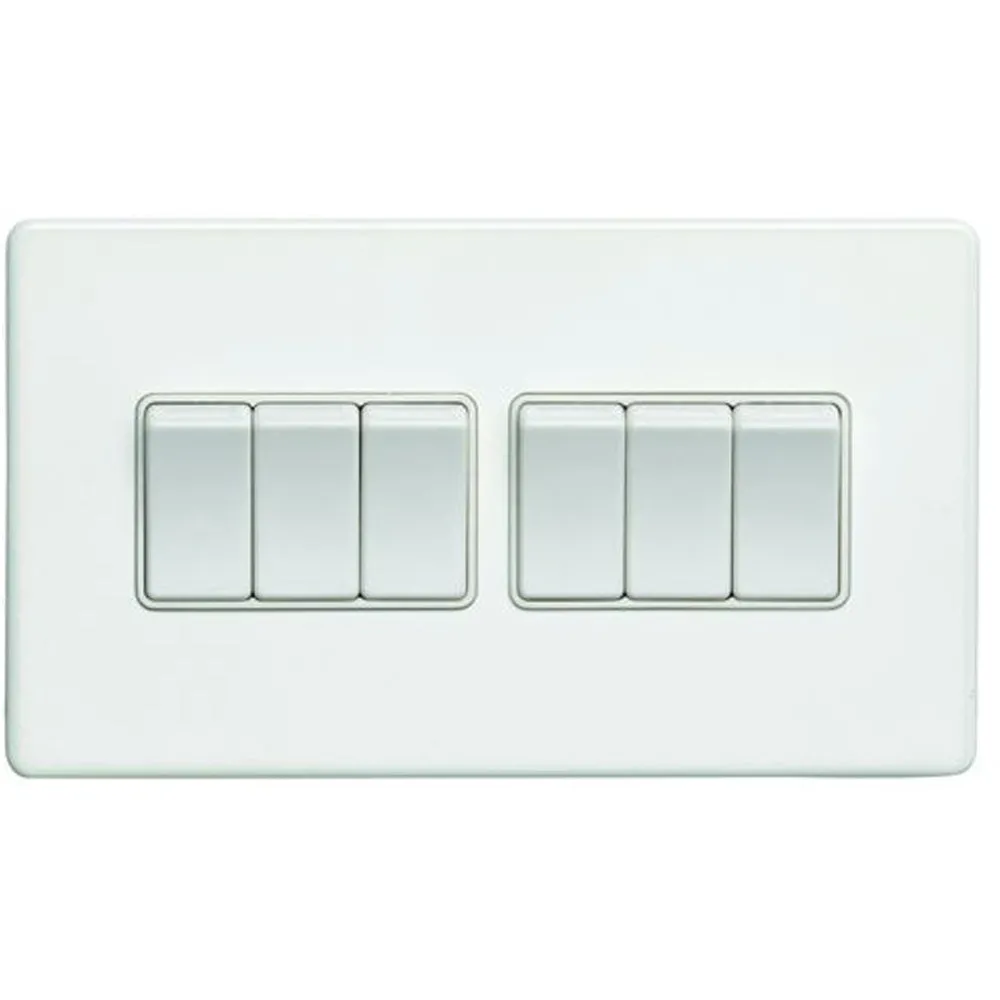 6 Gang Multi Light Switch SCREWLESS MATT WHITE 2 Way 10A Metal Rocker Slim