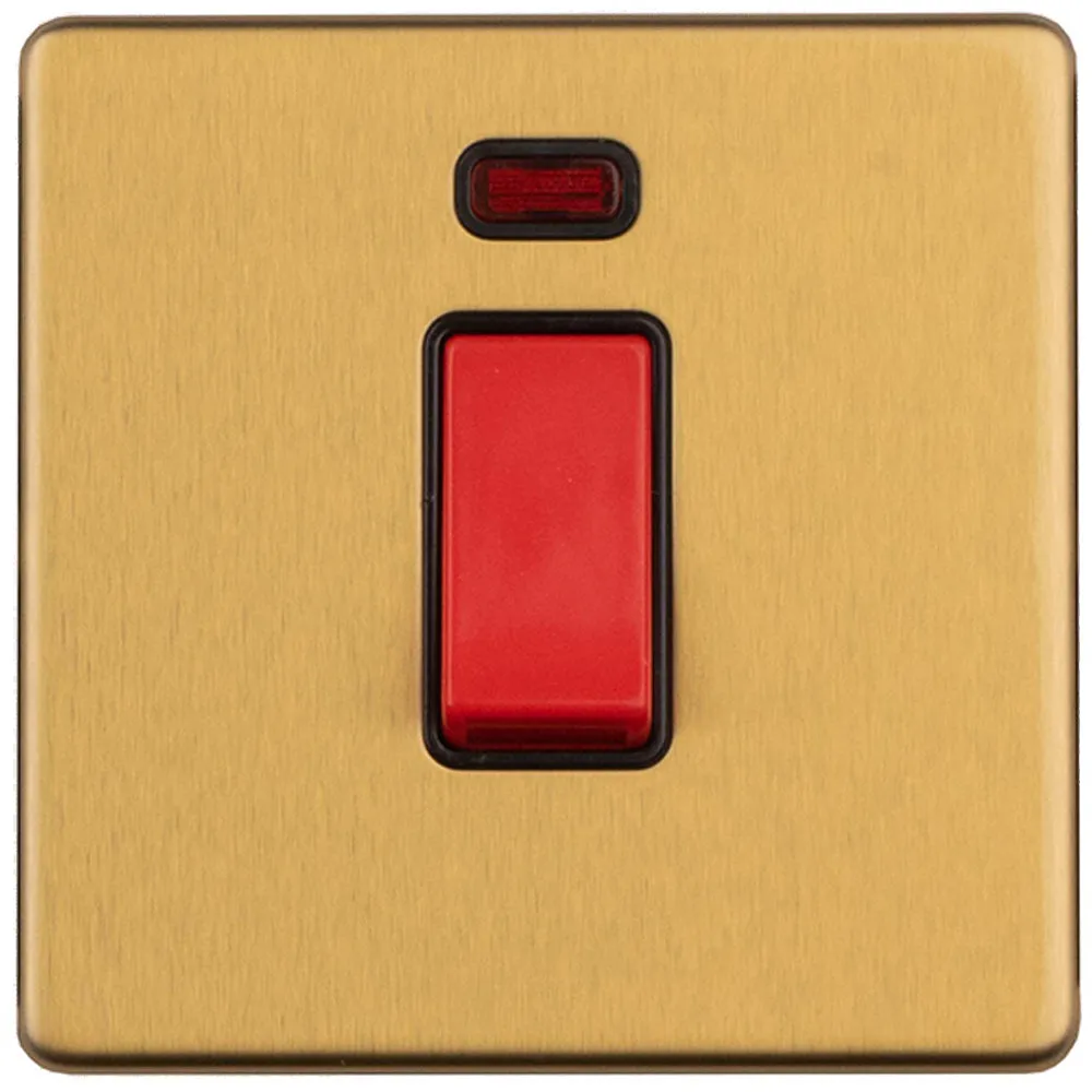 1 Gang Single 45A DP Cooker Switch & Neon SCREWLESS SATIN BRASS Slim Rocker