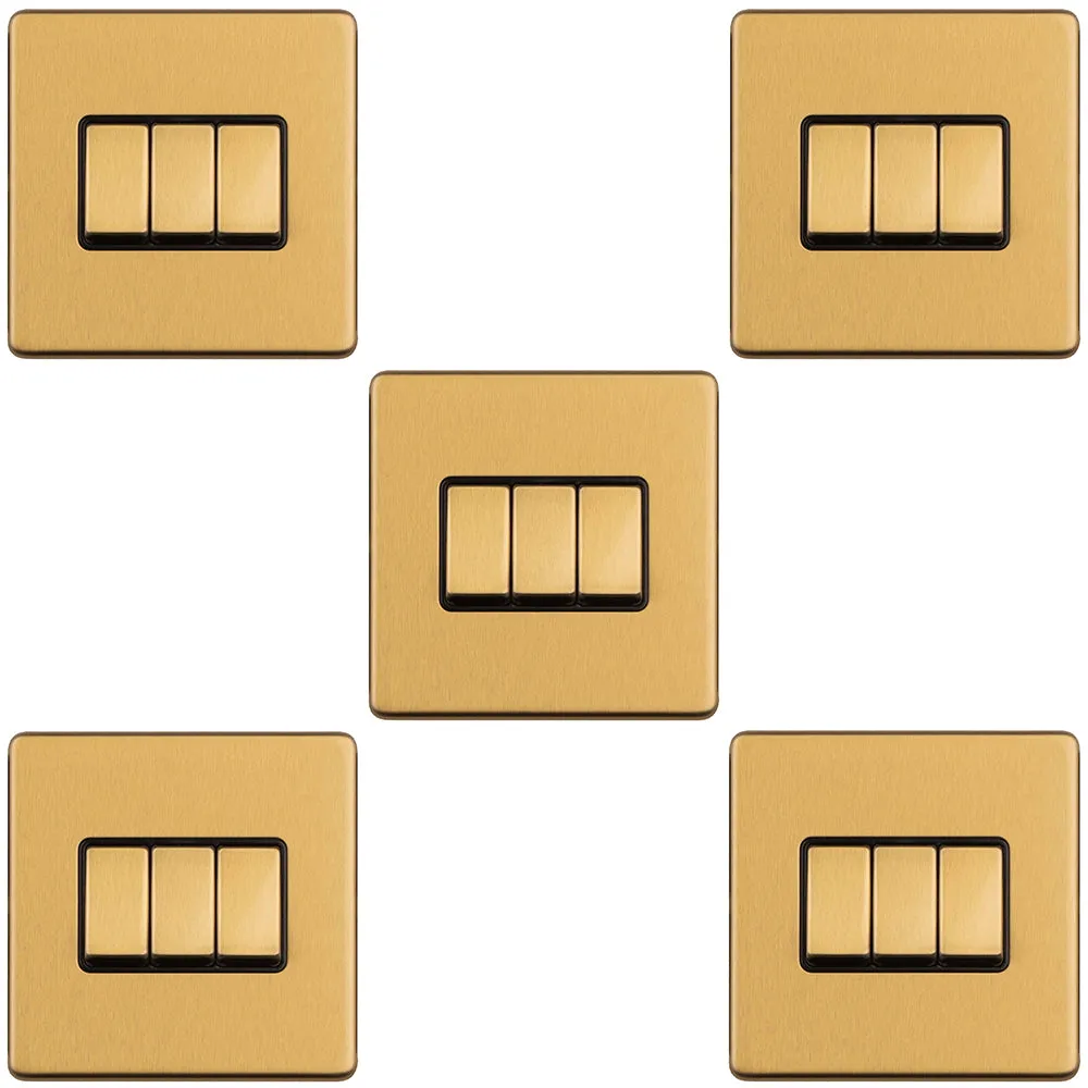 5 PACK 3 Gang Triple Light Switch SCREWLESS SATIN BRASS 2 Way 10A Slim Rocker