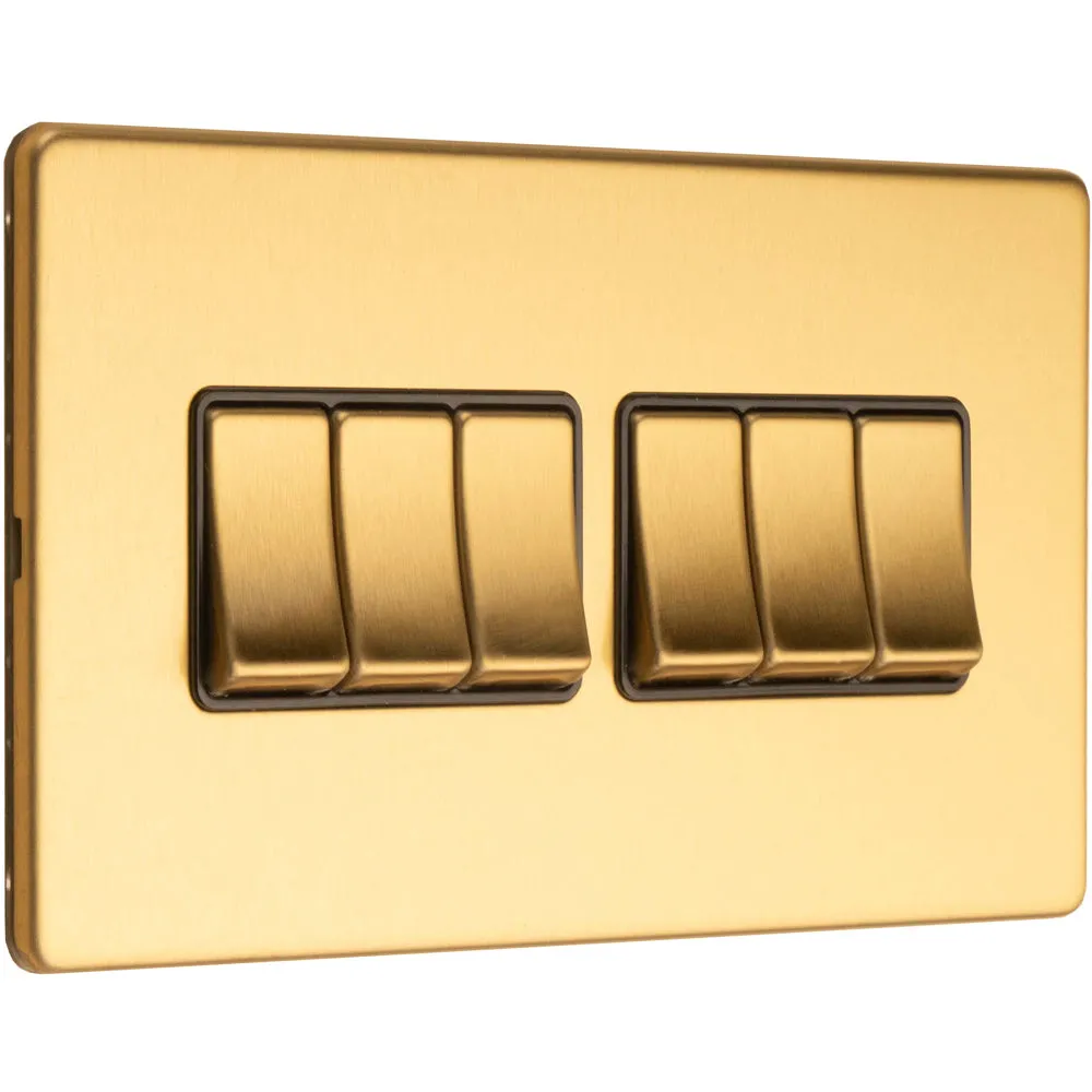 6 Gang Multi Light Switch SCREWLESS SATIN BRASS 2 Way 10A Metal Rocker Slim