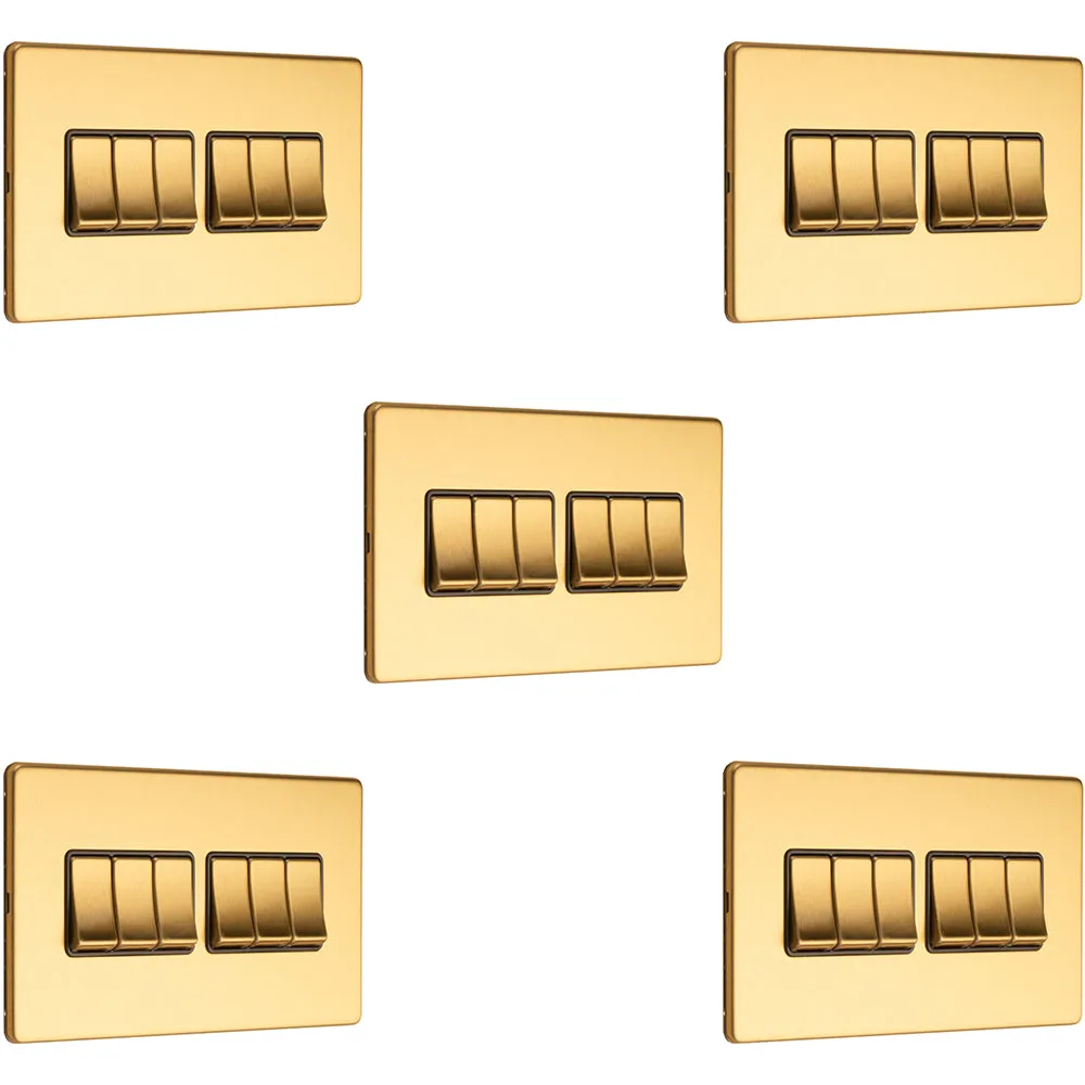 5 PACK 6 Gang Multi Light Switch SCREWLESS SATIN BRASS 2 Way 10A Slim Rocker