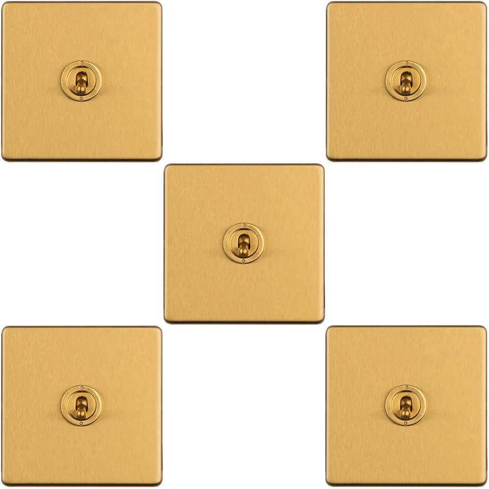 5 PACK 1 Gang Single Retro Toggle Light Switch SCREWLESS SATIN BRASS 10A 2 Way
