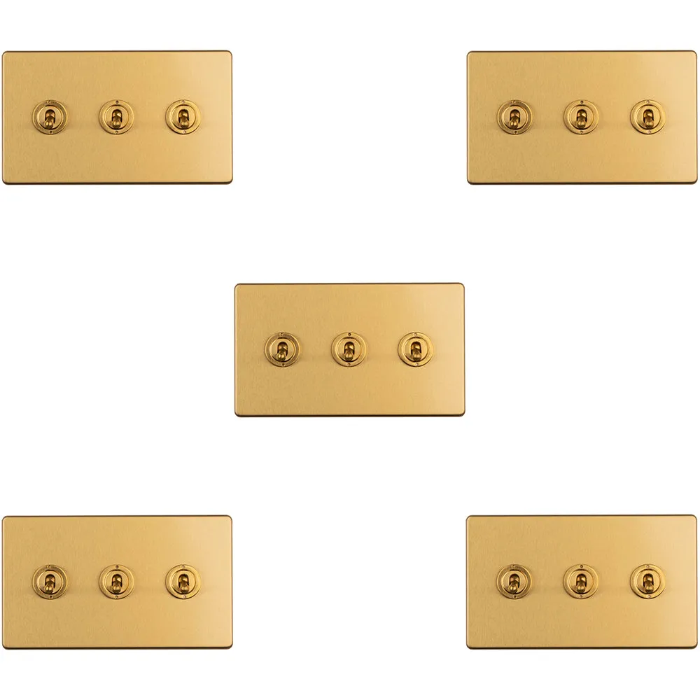 5 PACK 3 Gang Triple Retro Toggle Light Switch SCREWLESS SATIN BRASS 10A 2 Way