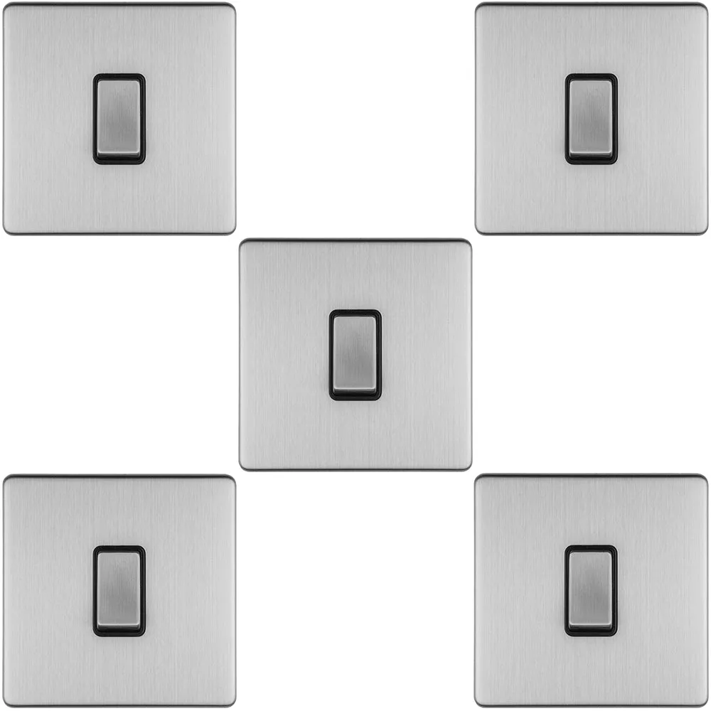 5 PACK 1 Gang Single Light Switch SCREWLESS SATIN STEEL 2 Way 10A Slim Rocker