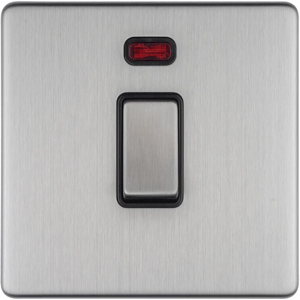 1 Gang 20A Single Light Switch & Neon SCREWLESS SATIN STEEL 2 Way Rocker Plate