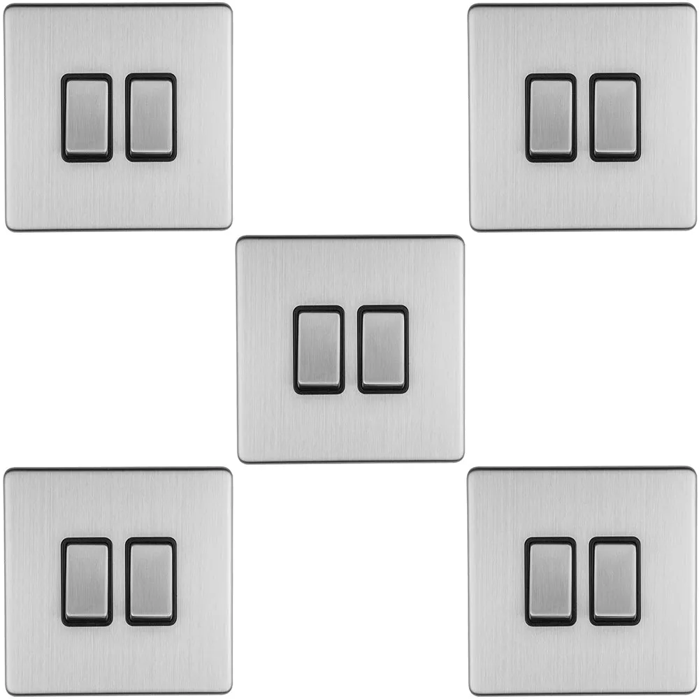5 PACK 2 Gang Single Light Switch SCREWLESS SATIN STEEL 2 Way 10A Slim Rocker